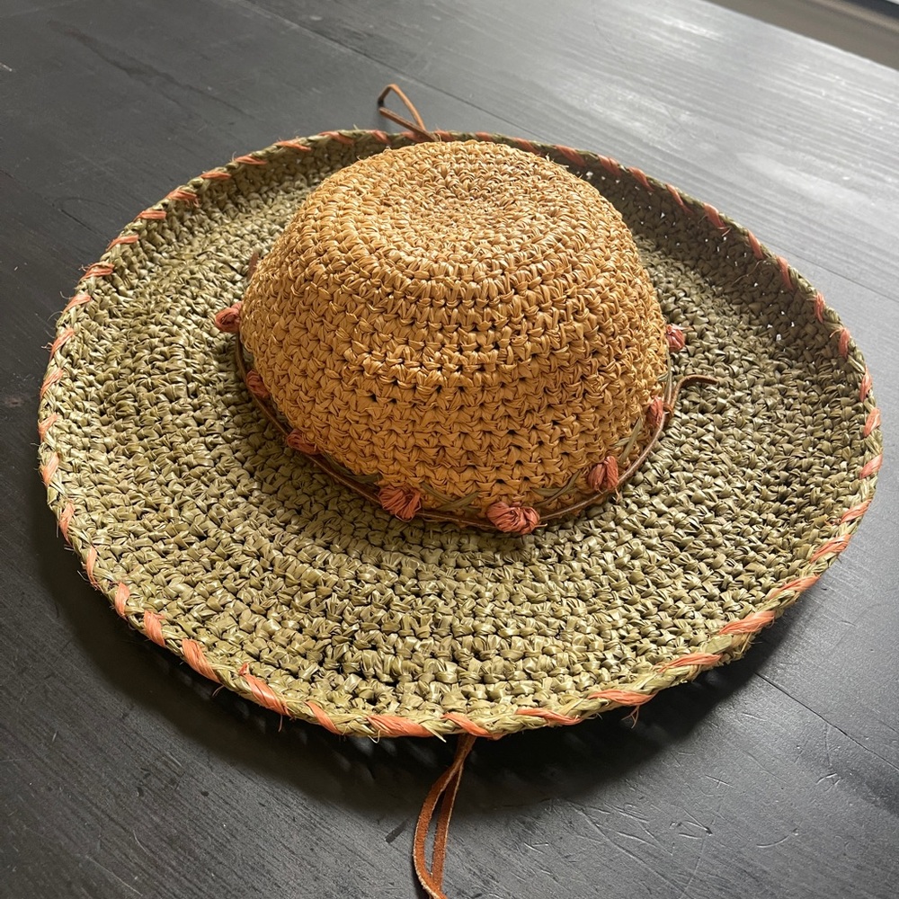 Karen Hartfield original Straw Sun Hat with teal and salmon Accents